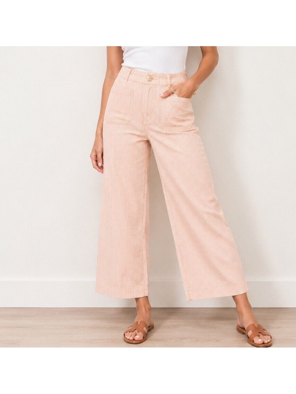 LOFT Palmer Wide Leg Pants Size 6 Peach Ivory Stripe Crop High Rise Searsucker